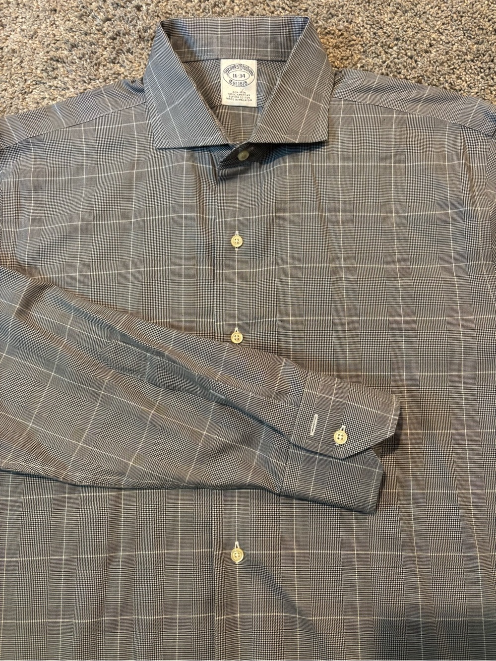 Brooks Brothers Men’s Dress Shirt Black White Check Non-Iron 100% Cotton 16-34